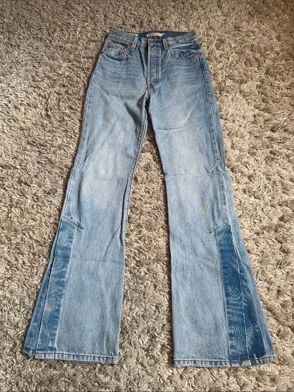 Levi's Ribcage Split Flare Upcycled Cyanotype Fern Printed Jeans